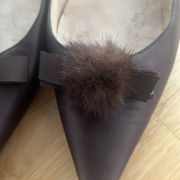 Isaac Mizrahi Brown Satin Kitten Heel, Mink Pom-Pom Embellished Pointy Toe Pumps - Picture 2 of 7